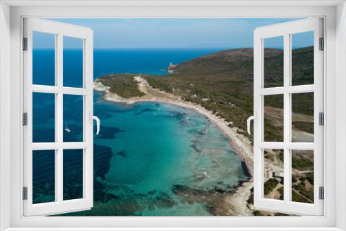 Fototapeta Naklejka Na Ścianę Okno 3D - Drone photography genoise tower, cala and barcaggio beach with turquoise waters in Cap Corse 