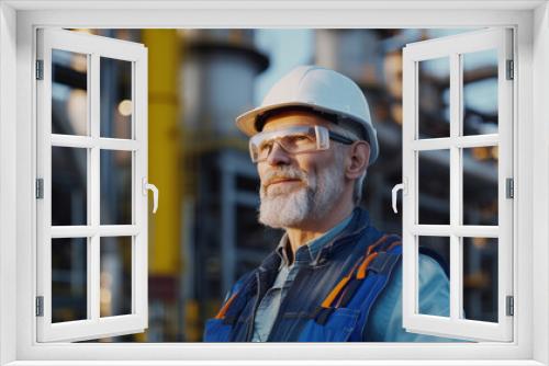 A mature adult man, Caucasian, gray hair, is on an oil platform or gas or hydrogen refinery, energy industry and extraction of raw materials