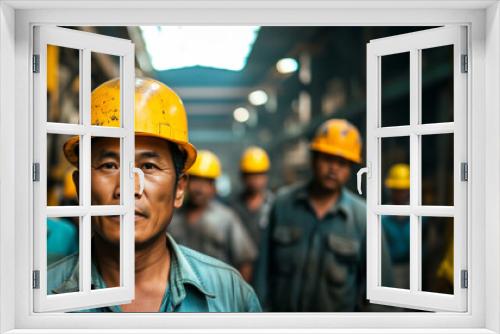 workers wearing yellow hard hats, in warehouse, with copy space