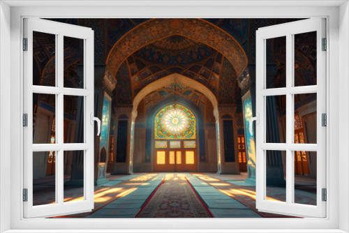 Interior of a beautiful Islamic mosque with an ornate archway.