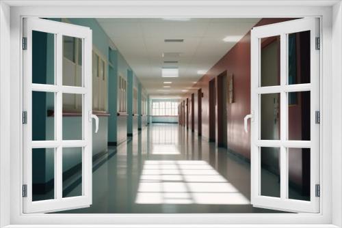 AI generated illustration of a school hallway filled with natural light