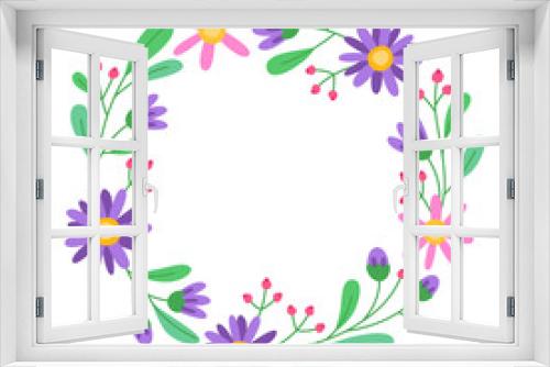 Fototapeta Naklejka Na Ścianę Okno 3D - Floral round frame with purple and pink flowers, buds, red berries and green leaves. Cute spring wreath. Meadow flowers, wild plants. Botanical decor for design, card. Design for 8 march, easter. 