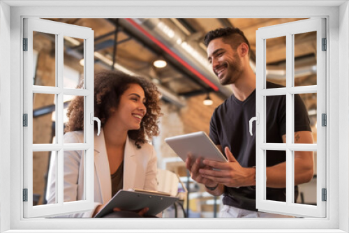 Two smiling professionals are engaged in a discussion, one holding a tablet and the other with documents, in a modern office environment.