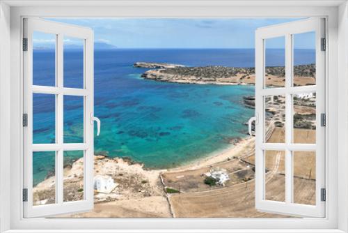 Fototapeta Naklejka Na Ścianę Okno 3D - Aerial drone photo of paradise beach of Bazeos and Lioliou in small island of Schoinousa, Small Cyclades, Greece