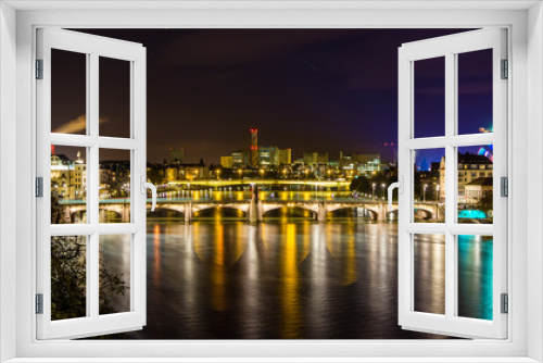 Fototapeta Naklejka Na Ścianę Okno 3D - Night view of Rhine embankment in Basel - Switzerland