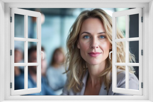 Blond woman, sporting a business casual look, confidently leading a team meeting in a modern office