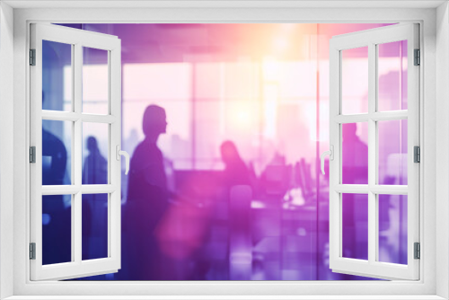 Wide Business Banner with Blurred Business People, Buildings, and Architectural Details in Blue and Pink-Purple Hues. Ai generated