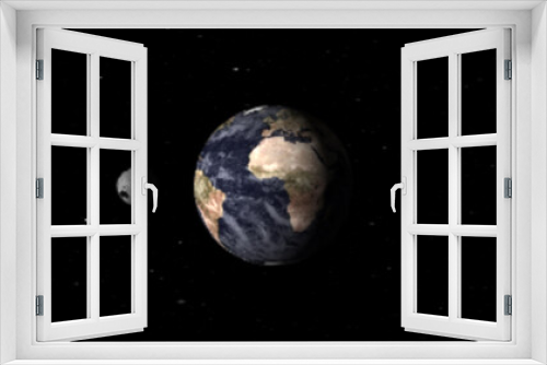 Fototapeta Naklejka Na Ścianę Okno 3D - The moon rotates around Earth at night, with a low-angle view against a space with stars in the sky. The path of the earth around the sun. The moon cycle and orbit around earth outline diagram