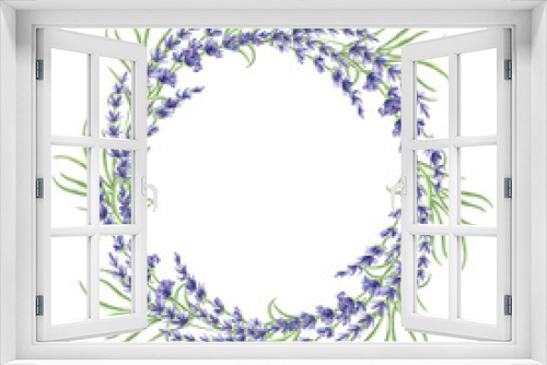 Fototapeta Naklejka Na Ścianę Okno 3D - Watercolor round delicate floral frame from purple lavender flowers. Template wreath from natural herbs with copy space. Isolated hand drawn illustration wild flowers for invitations, card, textile