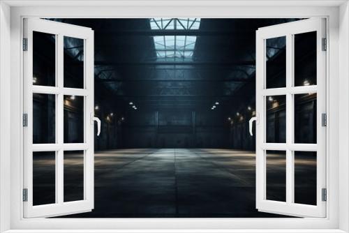 Three-dimensional render of dark empty warehouse.