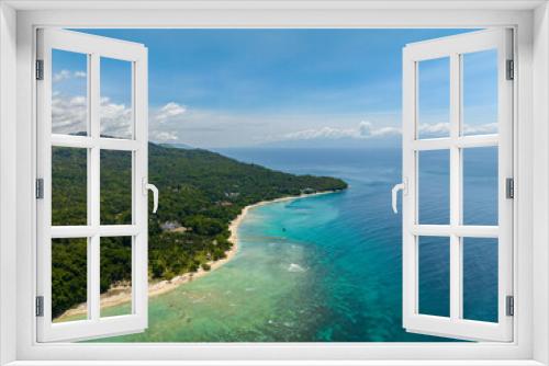 Fototapeta Naklejka Na Ścianę Okno 3D - Top view of tropical beach with white sand and trees. Transparent water and corals. Samal Island. Davao, Philippines.
