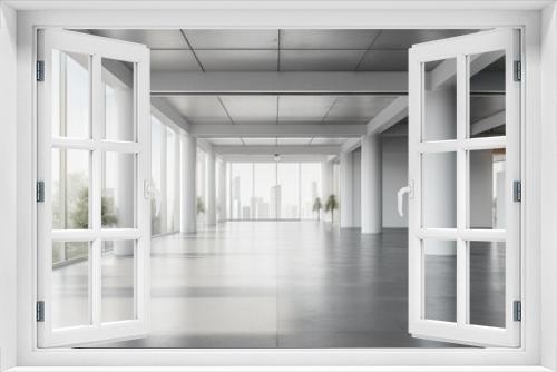 The Stark Beauty of an Empty White Office Space, Featuring Columns on a Grey Concrete Floor, with Ample Light from a Window