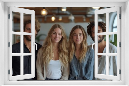 Four smiling young adults in casual clothing standing together, conveying teamwork and collaboration in a modern, creative office.