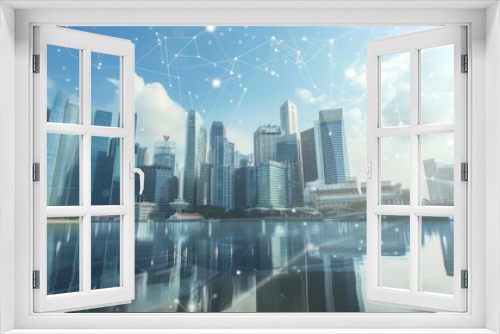 Panoramic view of downtown Singapore's skyscrapers, with a digital interface featuring connected lines and cubes in the foreground, symbolizing modern trading in the metropolis