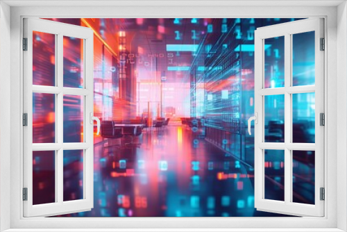 Data science and analytics concept. A neon led colored digital technology overlay or background. Futuristic hub interface concept. cyberpunk open space service office space interior blurred