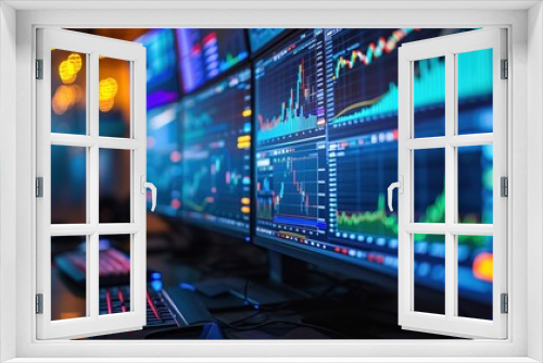 Close-up of a sophisticated financial trading setup with high-resolution monitors displaying dynamic market charts and graphs.