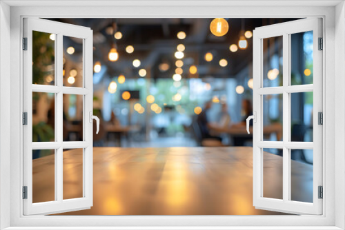 A potted plant sits on a wooden table in a luxury modern office with a blurred background.