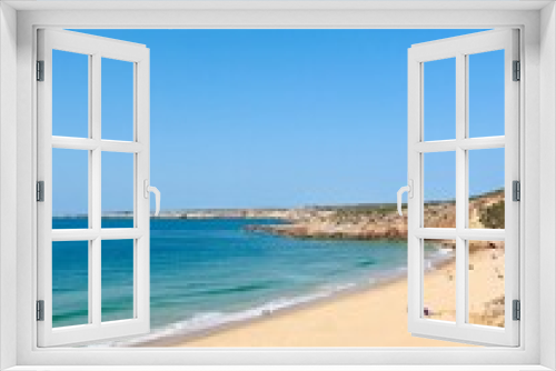 Fototapeta Naklejka Na Ścianę Okno 3D - Sandy ocean beach, ocean coast, clear blue sky