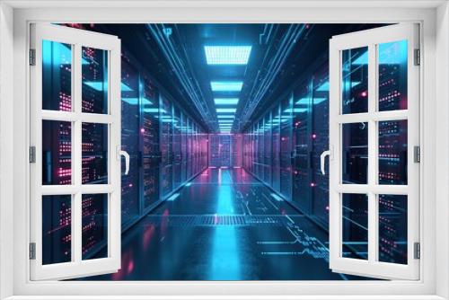 Aisle between server racks in a modern data center with glowing neon lights reflecting on the polished floor.