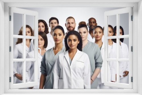 Diverse medical team in white lab coats standing together.