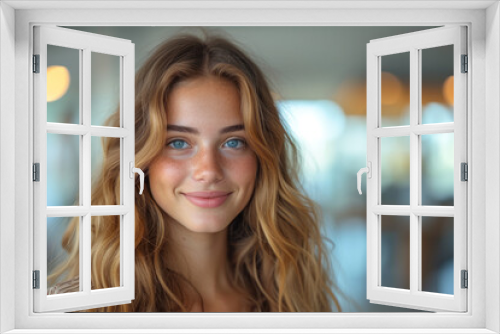 smiling young woman, in a stylish yet professional outfit, extends her hand in gratitude to accept a job offer