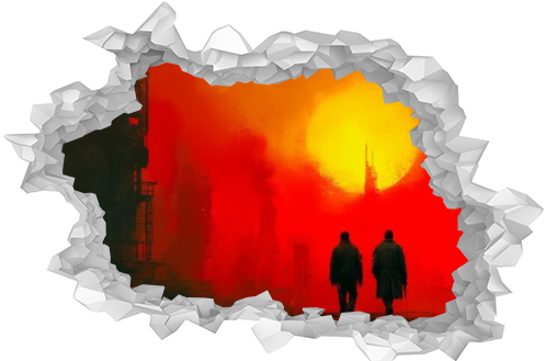 Two silhouetted figures traverse the vibrant canvas of a red and yellow sky, their steps echoing the bold strokes of an outdoor art masterpiece