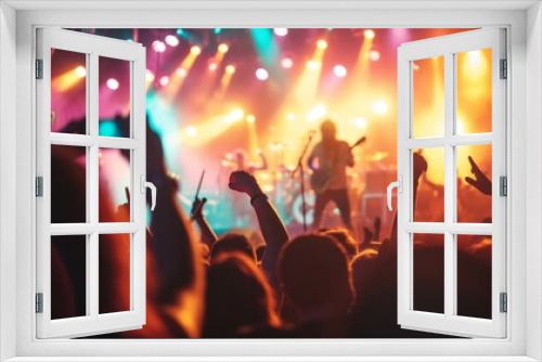 A sea of concertgoers immersed in the performance of a band under the glow of stage lights.