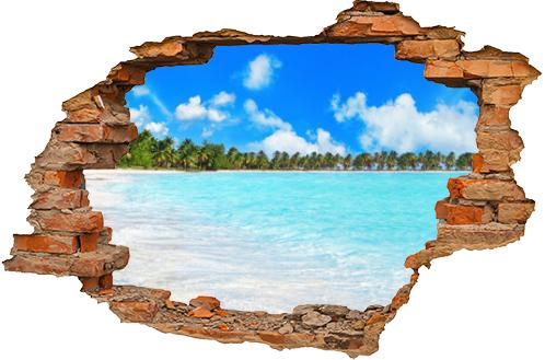 Tropical island paradise sea beach, turquoise water, ocean wave, coconut palm trees, sand, sun sky cloud, beautiful nature panorama landscape, Caribbean, Maldives, Thailand, summer holidays, vacation