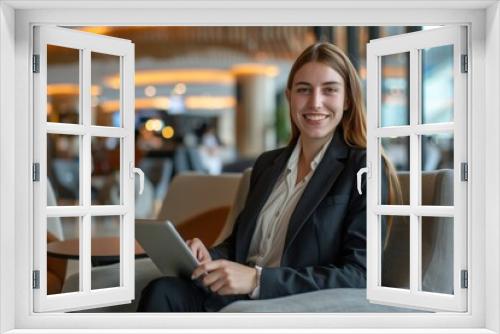 portrait businesswoman holding digital tablet in hotel conference lobby or airport travel waiting room. 