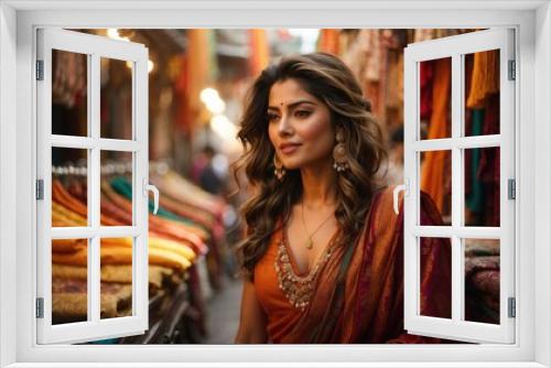 A woman in an orange sari standing in front of a store. Generative AI.