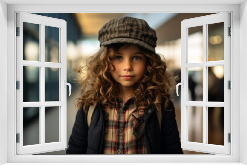 Portrait of a cute little girl with curly hair in a cap.