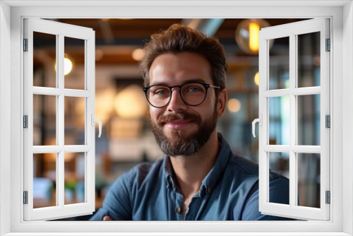 Approachable and cheerful male professional with beard and glasses smiling in a casual, well-lit office setting.