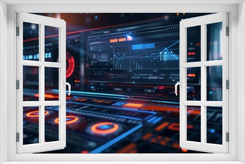 A cutting-edge futuristic video overlay, featuring a sleek user interface design with text boxes, scales, and bars, ideal for video makers and emphasizing a cyber and technology theme