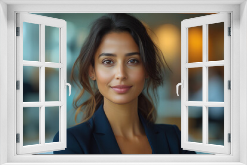 Smiling confident female in business suit - close-up - profile shot 