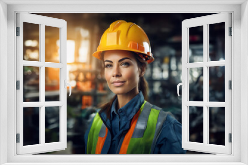 A Women Factory machine Operator in safety gear stands amidst a modern, automated manufacturing facility. The vibrant machinery and organised environment highlight efficiency and innovation