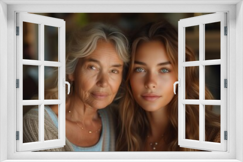 Happy older mature mother and daugther hugging, enjoying time at home together