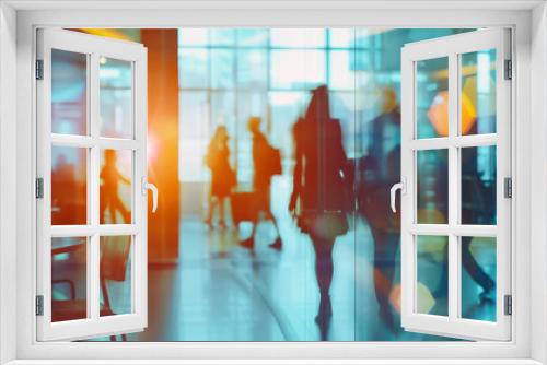 Busy corporate lobby with silhouettes of professionals and abstract sunlight reflections
