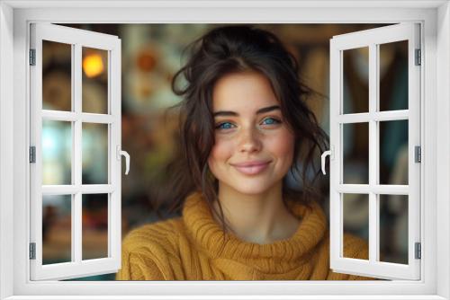 A radiant woman with a charming smile, adorned in a sunny yellow sweater, captivates with her alluring blue eyes and luscious brown hair in this stunning indoor portrait