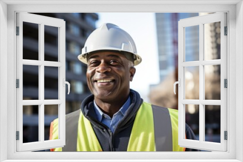 Portrait of a determined zoning inspector, holding blueprints and a hard hat, with a sprawling urban landscape behind, prepared to enforce the city's zoning laws