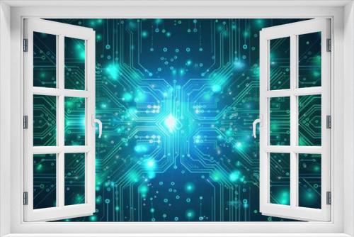 Cybersecurity and information technology. Blue, green background with digital integrated network technology. Printed circuit board. Technology background. 3D illustration, Bright color - generative ai