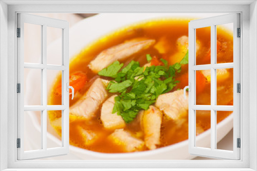 Fototapeta Naklejka Na Ścianę Okno 3D - chicken soup with vegetables and mushroom