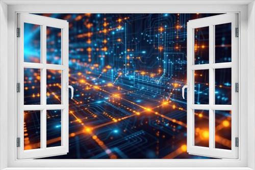 A close-up view of electronic circuit board pathways with glowing nodes and pulsing signals, depicting data transmission and processing power.