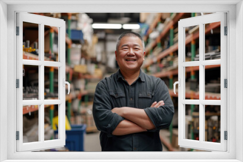 Smiling middle-aged Asian man standing in hardware warehouse with folded arms surrounded by equipment racks