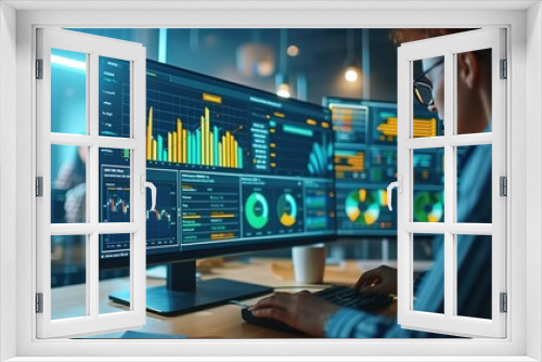 Focused analyst analyzing complex data visualizations on multiple monitors in a high-tech office environment.