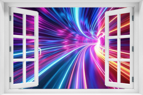 Vibrant neon tunnel pulsating with colorful lines, electrifying journey through a kaleidoscope of light and movement.