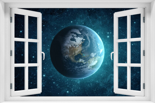 Fototapeta Naklejka Na Ścianę Okno 3D - Panoramic view of the Earth, stars and galaxy. Planet Earth, view from space. Space fantasy. Elements of this image furnished by NASA.