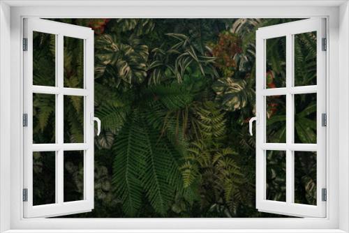 Fototapeta Naklejka Na Ścianę Okno 3D - Group background of dark green tropical leaves ( monstera, palm, coconut leaf, fern, palm leaf,bananaleaf) background. concept of nature	