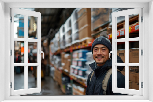 asian man against the background of a warehouse with goods at a market or wholesale base