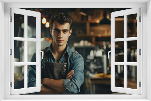 Cafe barista young man making coffee wallpaper background