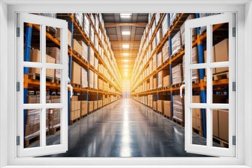 Warehouse with high shelving and boxes.